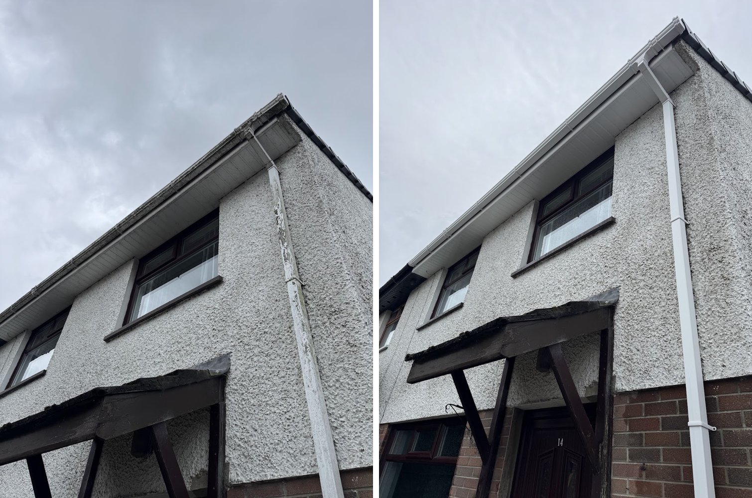 Before and after: green stained soffits, fascias and downpipe on the left, clean white ones on the right