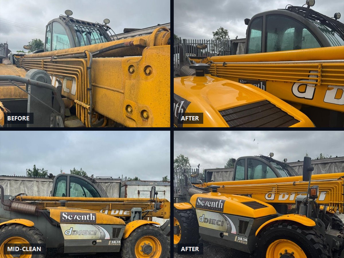 Telehandler before and after a machinery clean