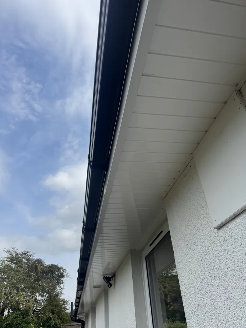 Clean soffits and black gutter after a wash