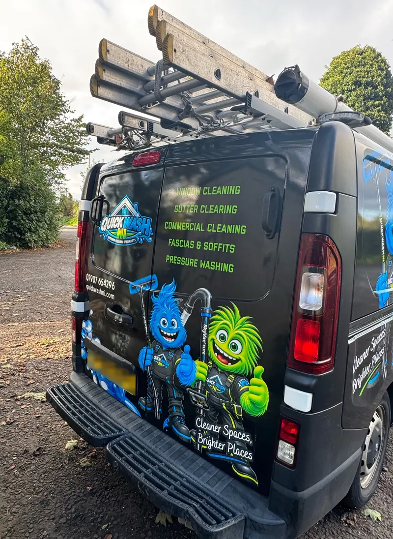 The back of the QuickWash NI van with our blue and green monsters